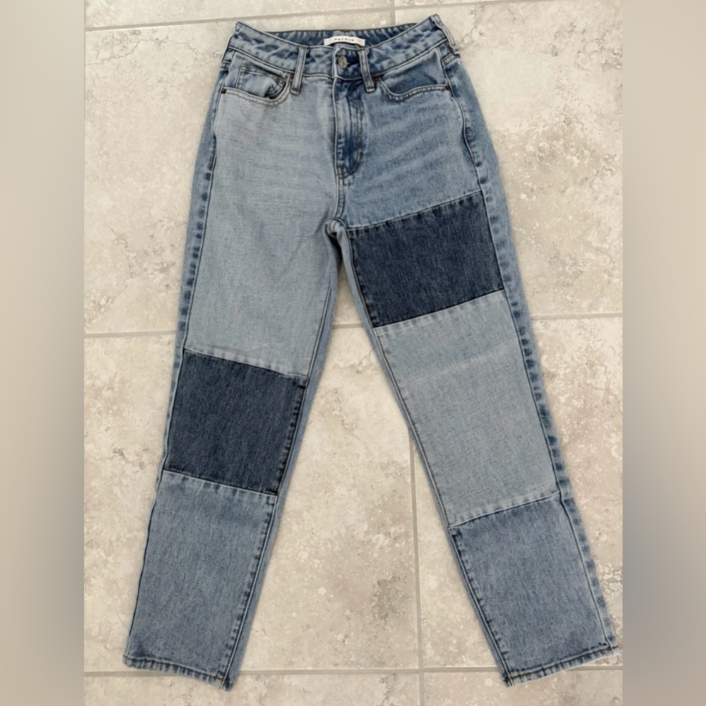 Pacsun Women’s High Rise Patchwork Colorblock Denim Mom Jeans, Blue, 23